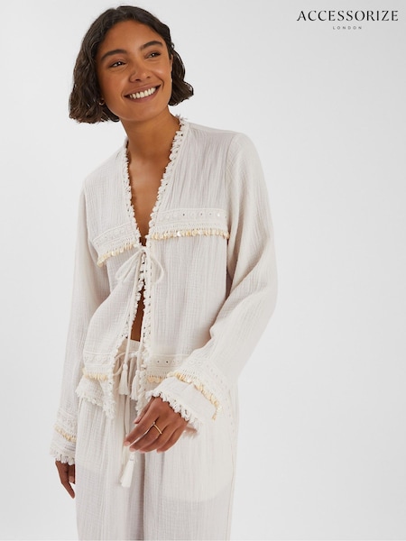 Accessorize White Mirror Embellished Long Sleeve Tie Blouse (W96772) | £50