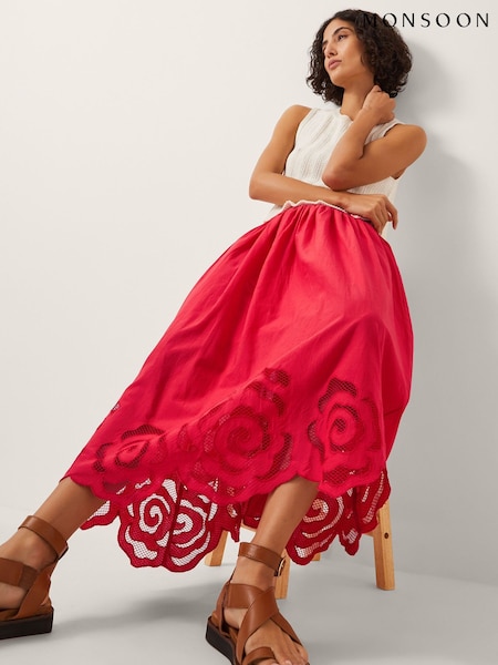 Monsoon Red Grace Cutwork Midi Skirt (W96943) | £59