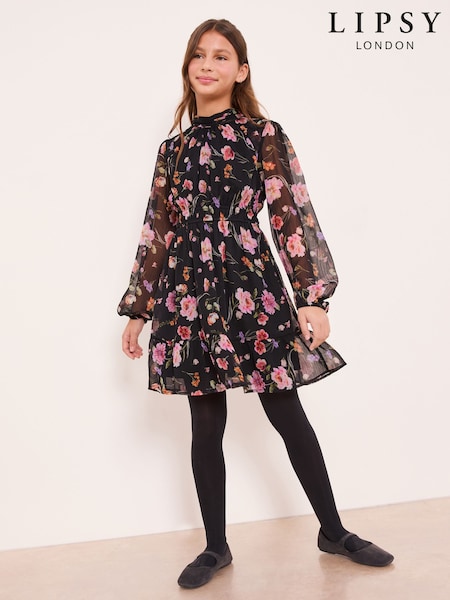 Lipsy Black Chiffon Floral Print Dress (5-16yrs) (W97131) | £40 - £48
