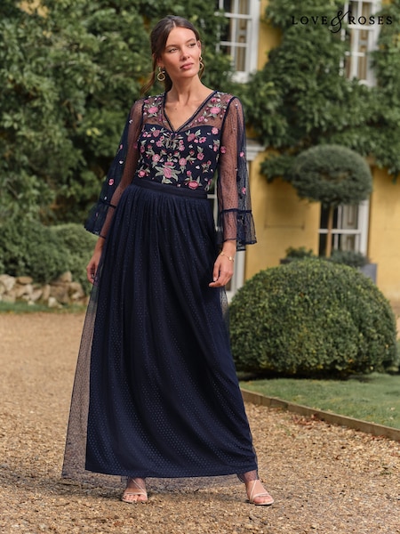 Love & Roses Navy Floral Embroidered Flute Sleeve Bridesmaid Maxi Dress (W97315) | £149