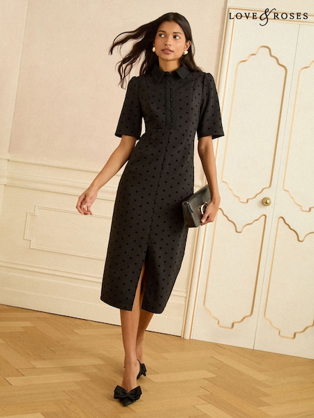 Love & Roses Black Flock Spot Short Sleeve Midi Dress (W97373) | £66