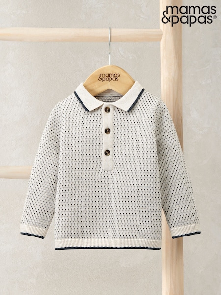 Mamas & Papas Cream Long Sleeve Jacquard Knitted Polo Top (W97921) | £24