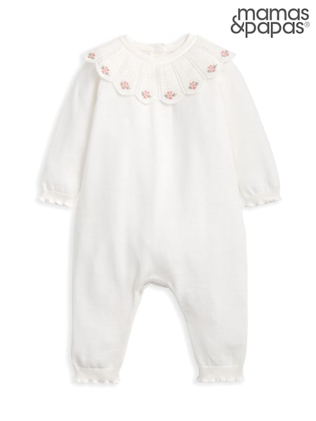 Mamas & Papas White Embroidered Scallop Collar Romper with Frill Trim (W97922) | £32