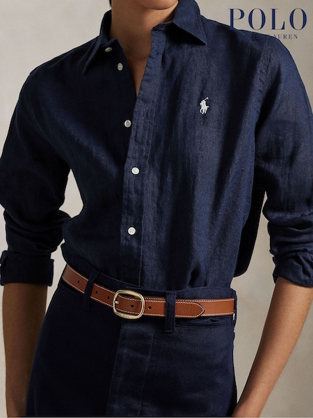 Polo Ralph Lauren Blue Linen Classic-long Sleeve-button Front Shirt (W98104) | £175