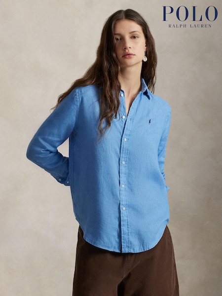 Polo Ralph Lauren Blue Linen Classic-Long Sleeve-Button Front Shirt (W98121) | £175