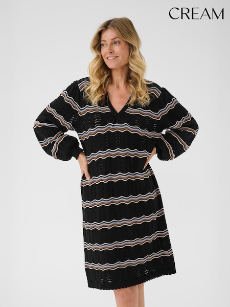 Cream Wavy V-Neck Long Sleeve Knit Black Dress (W98260) | £100