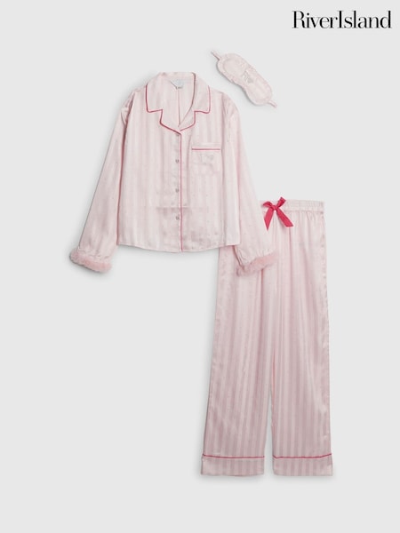 River Island Pink Girls Hotfix Fur Cuff Satin Pyjamas (W98366) | £29