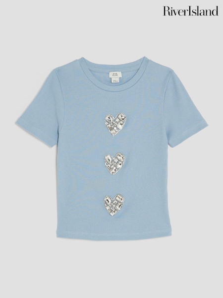 River Island Blue Girls Ribbed Heart T-Shirt (W98369) | £18