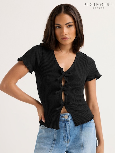 PixieGirl Petite Black Petite Soft Touch Bow Front Top (W98399) | £24