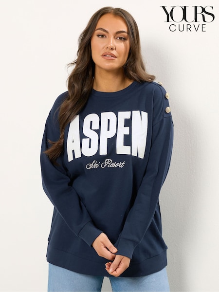 Yours Curve Blue Aspen Gold Button Crew Neck Jumper (W98410) | £29