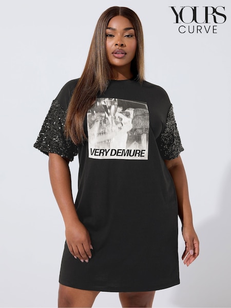 Yours Curve Black Limited Sequin Sleeve Graphic Print Dress (W98443) | £26