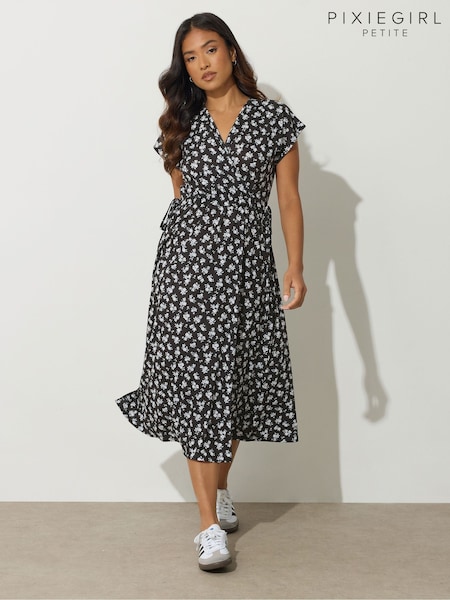 PixieGirl Petite Black Ditsy Wrap Tie Waist Midi Dress (W98482) | £35