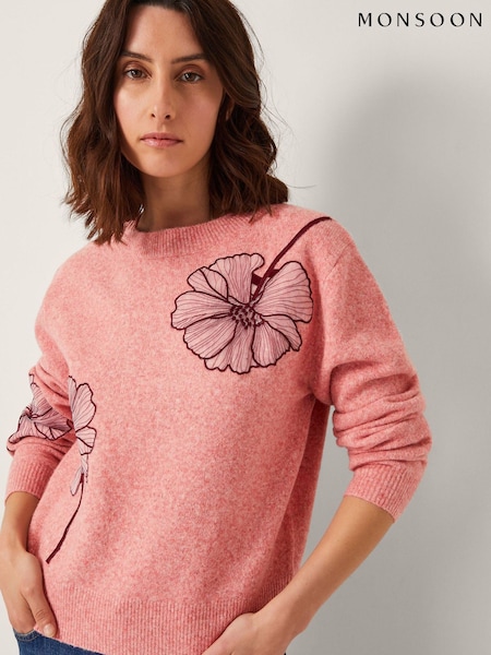 Monsoon Pink Abi Floral Print Appliqué Jumper (W98504) | £69