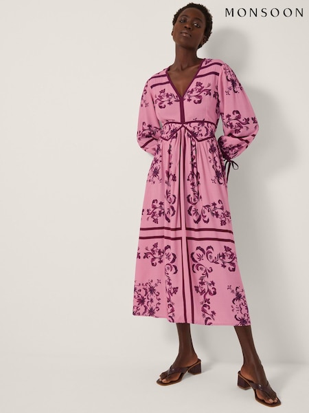 Monsoon Pink Matilde Floral Print Long Sleeve Midi Dress (W98513) | £75