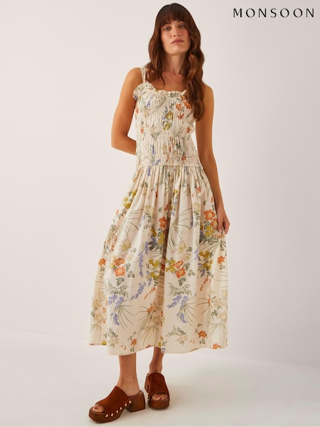 Monsoon Cream Jesse Floral Print Shirred Midi Dress (W98522) | £80