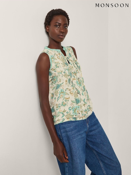 Monsoon Natural Saoirse Sleeveless Pintuck Floral Print Top (W98548) | £49