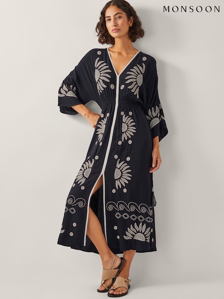 Monsoon Black Sophia Embroidered Kaftan Maxi Dress (W98550) | £85