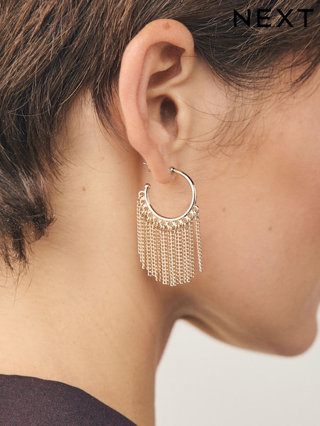 Gold Tone Tassel Chain Hoop Earrings (W98595) | £12