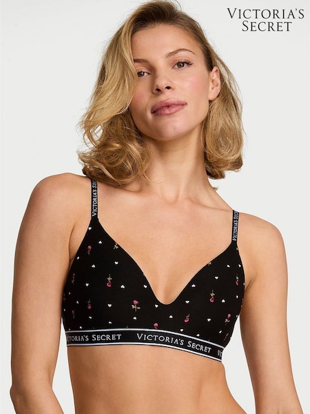 Victoria's Secret Black Ditsy Heart Lightly Lined Non Wired Cotton Logo Bra (W98723) | £36