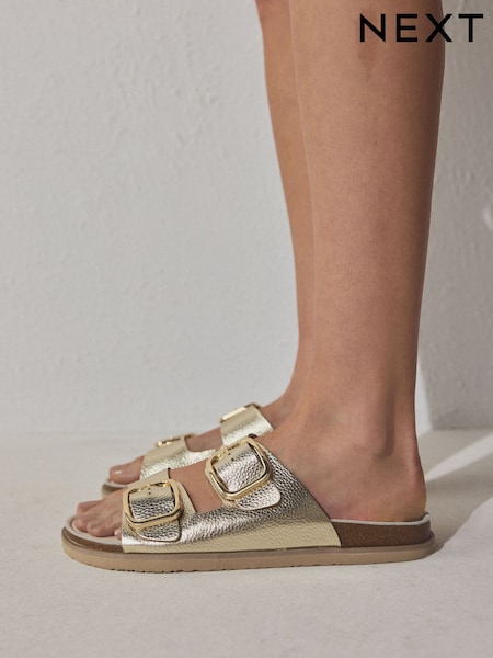 Gold Leather Standard Fit Double Strap Footbed Sandals (W99017) | £0