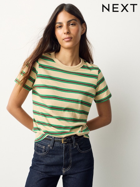 Neutral/Green/Red Stripe Essential Pure Cotton Short Sleeve Crew Neck T-Shirt (W99029) | £8