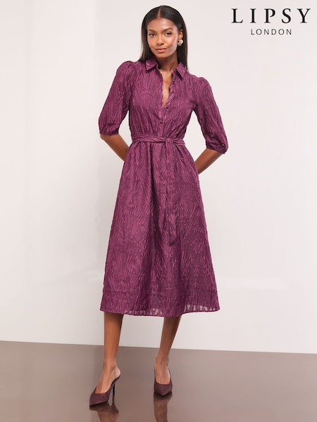 Lipsy Burgundy Red Petite Fit And Flare Textured 3/4 Sleeve Button Through Midi Shirt Dress (W99069) | £65