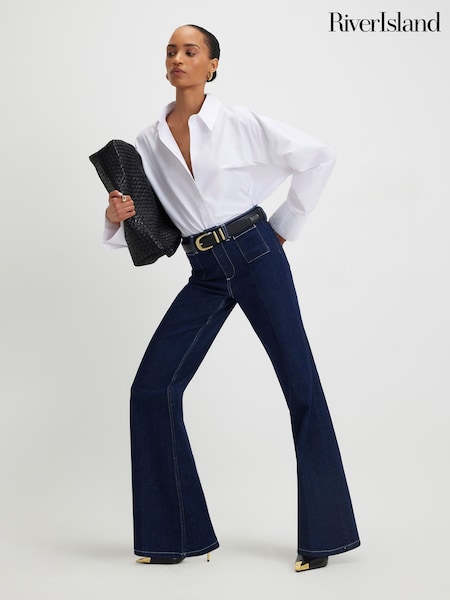 River Island Blue Double Waist Band Relaxed Flare Jeans (W99286) | £57