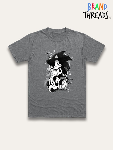 Brand Threads Grey Sonic The Hedgehog Print T-Shirt (W99356) | £18