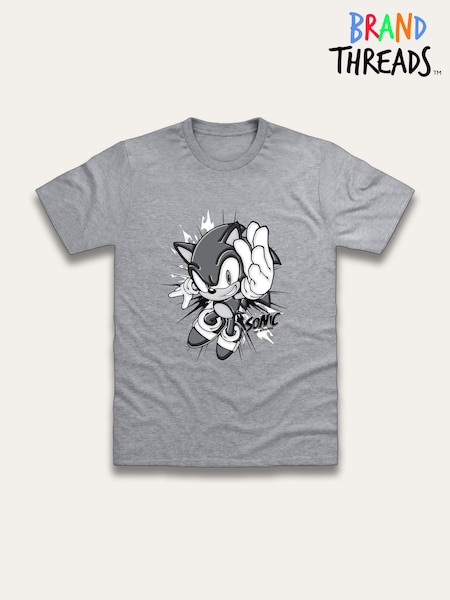 Brand Threads Grey Sonic The Hedgehog Print T-Shirt (W99373) | £18