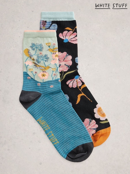 White Stuff Blue 2 Pack Floral Ankle Socks (W99719) | £10