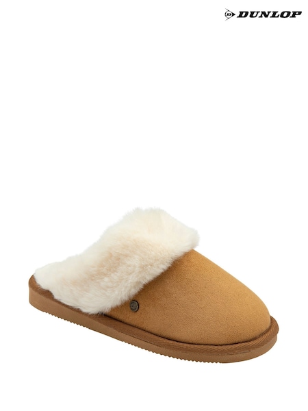 Dunlop Brown Faux Suede Mule Slippers Fur Collar (Y00095) | £20