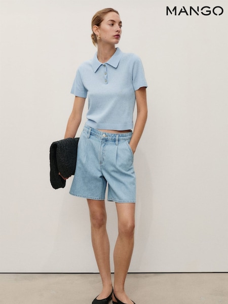 Mango Blue Pleated Denim Bermuda Shorts (Y00159) | £35