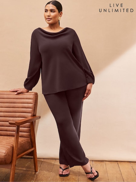 Live Unlimited Brown Petite Button Detail Wide Leg Trousers (Y00200) | £79