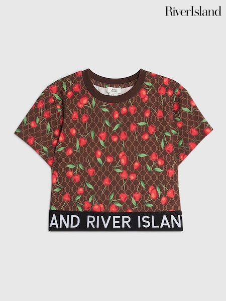 River Island Brown Cherry Monogram Waist Band T-Shirt (Y00437) | £14