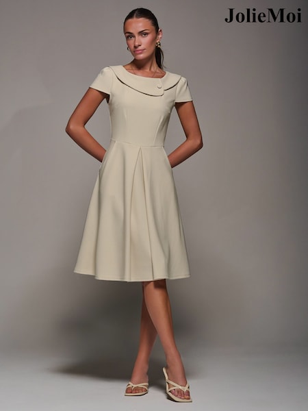 Jolie Moi Cream Roll Collar Cap Sleeve Midi Dress (Y00690) | £72