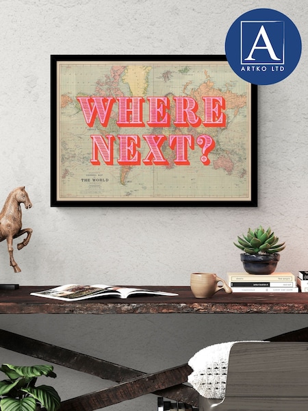 Artko Black Where Next? World Map Designs Framed Art (Y00739) | £95