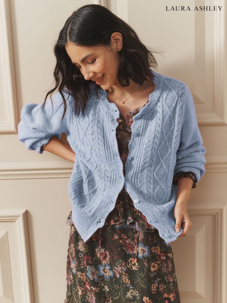 Blue Pointelle Button Through Scallop Cardigan With A Touch Of Wool (Y00987) | £42