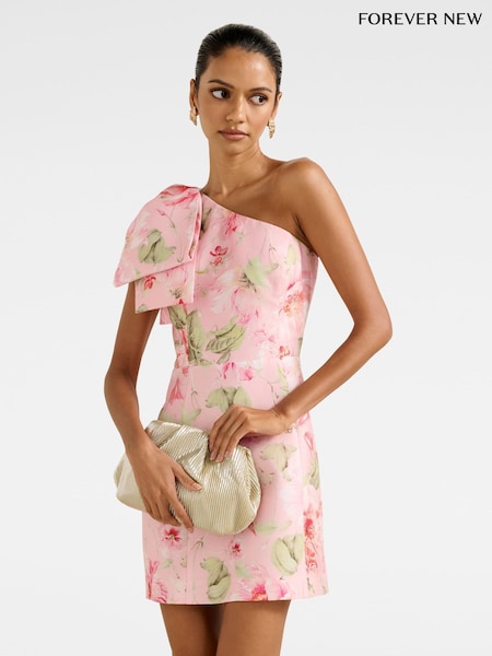 Forever New Pink Petite Darcy One Shoulder Contains Linen Mini Dress (Y01125) | £110
