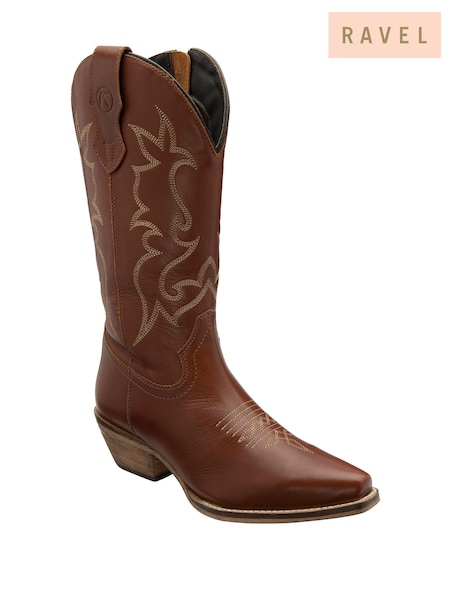 Ravel Brown Leather Cowboy Boots on a Western Heels (Y01142) | £125