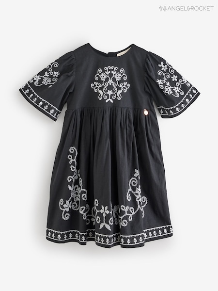 Angel & Rocket Black Reyna Embroidered Balloon Sleeve Dress (Y01155) | £32 - £39