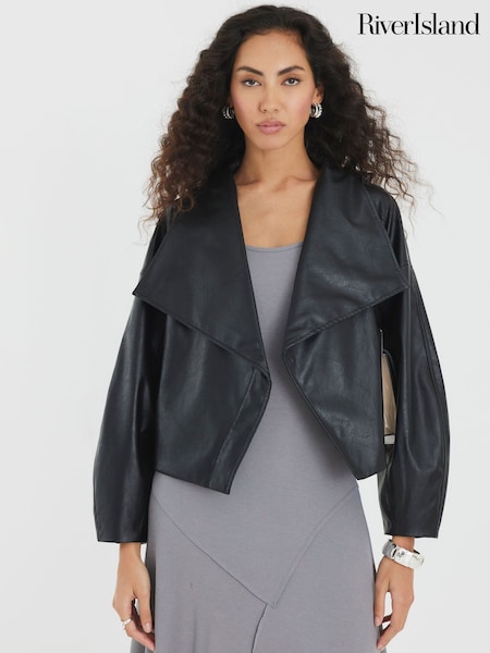 River Island Black Faux Leather Short Waterfall Jacket (Y01245) | £64