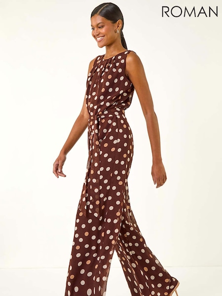 Roman Brown Spot Print Chiffon Belted Jumpsuit (Y01354) | £70