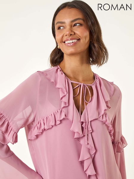 Roman Purple Chiffon Tie Neck Ruffle Tunic Top (Y01355) | £42
