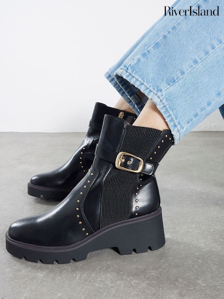 River Island Black Wide Fit Studded Buckle Wedge Boots (Y01358) | £49