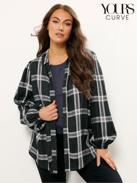 Yours Curve Black Balloon Sleeve Check Blouse (Y01381) | £29