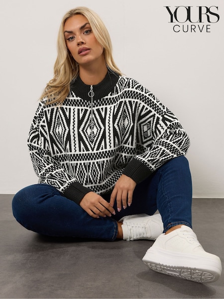 Yours Curve Black Quarter Zip Neck Fairisle Jumper (Y01382) | £37