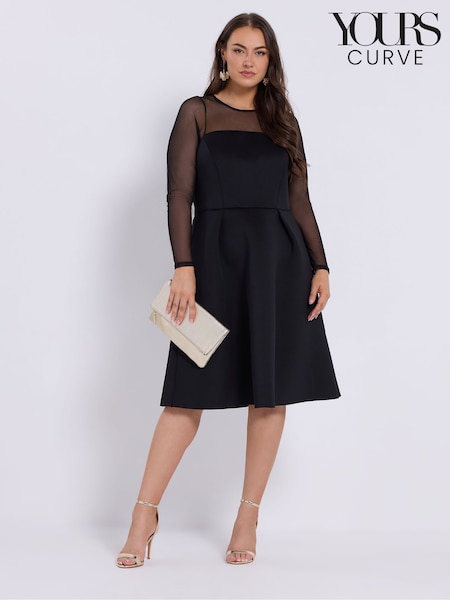 Yours Curve Black London Mesh Sleeve Scuba Skater Dress (Y01394) | £57