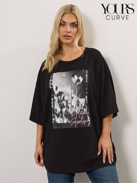 Yours Curve Black Oversized Boxy T-Shirt (Y01408) | £20