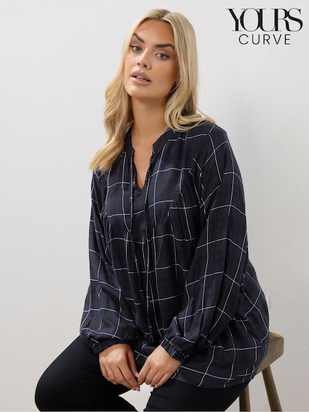 Yours Curve Blue Check Tie Neck Blouse (Y01428) | £29