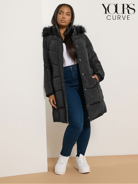 Yours Curve Black Midi Puffa Coat (Y01434) | £80